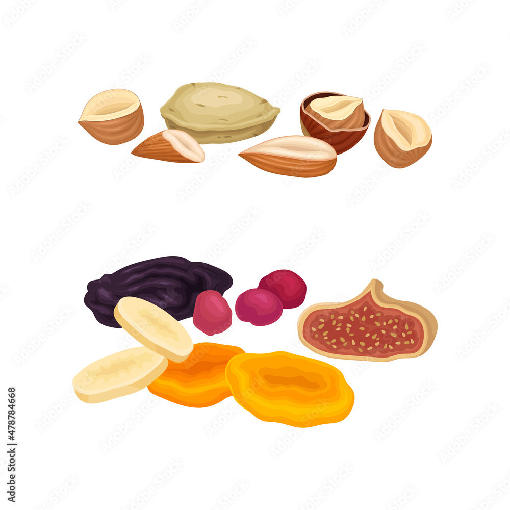 Sweet Dried Fruit with Fig and Shelled Nuts Vector Set