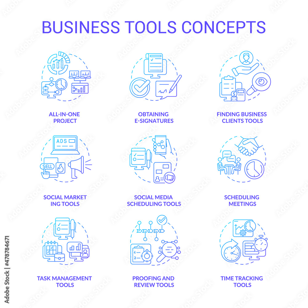 Business tools blue gradient concept icons set. Social marketing idea thin line color illustrations. Scheduling meetings. Isolated outline drawings. Roboto-Medium, Myriad Pro-Bold fonts used Business tools blue gradient concept icons set. Social marketing idea thin line color illustrations. Scheduling meetings. Isolated outline drawings. Roboto-Medium, Myriad Pro-Bold fonts used