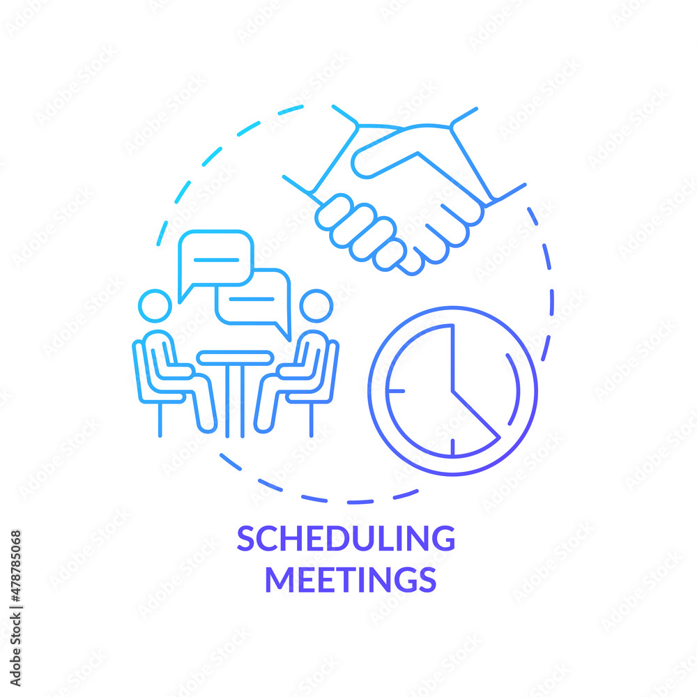 Scheduling meetings blue gradient concept icon. Coordinate calendars abstract idea thin line illustration. Booking meetings. Isolated outline drawing. Roboto-Medium, Myriad Pro-Bold fonts used Scheduling meetings blue gradient concept icon. Coordinate calendars abstract idea thin line illustration. Booking meetings. Isolated outline drawing. Roboto-Medium, Myriad Pro-Bold fonts used