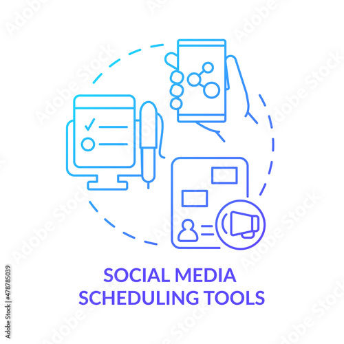 Social media scheduling tools blue gradient concept icon. Prioritizing multiple posts abstract idea thin line illustration. Isolated outline drawing. Roboto-Medium, Myriad Pro-Bold fonts used