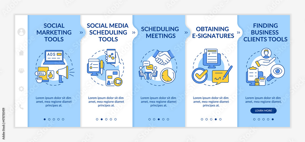 Business tools for entrepreneurs blue and white onboarding template. Scheduling. Responsive mobile website with linear concept icons. Web page walkthrough 5 step screens. Lato-Bold, Regular fonts used