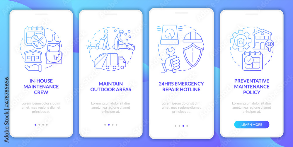 Maintenance blue gradient onboarding mobile app screen. Service walkthrough 4 steps graphic instructions pages with linear concepts. UI, UX, GUI template. Myriad Pro-Bold, Regular fonts used