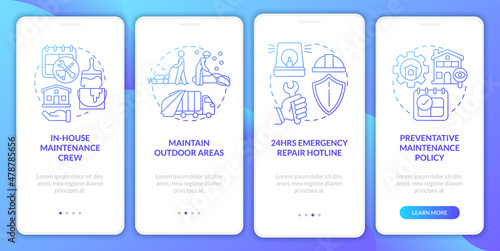 Maintenance blue gradient onboarding mobile app screen. Service walkthrough 4 steps graphic instructions pages with linear concepts. UI  UX  GUI template. Myriad Pro-Bold  Regular fonts used