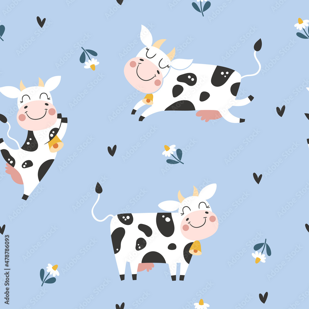 Seamless childish pattern with cute cow. Creative kids texture for fabric, wrapping, textile, wallpaper, apparel. Vector illustration