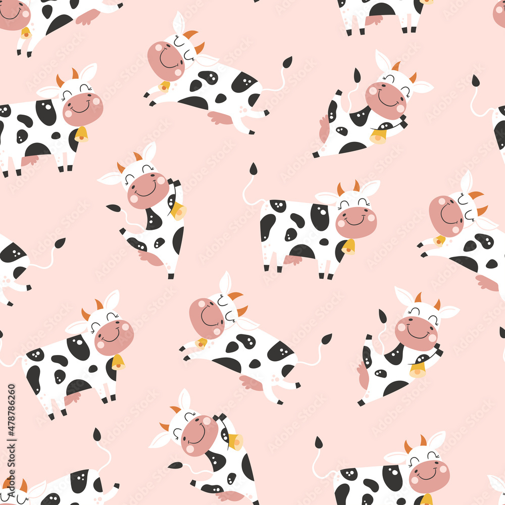 Seamless childish pattern with cute cow. Creative kids texture for fabric,  wrapping, textile, wallpaper, apparel. Vector illustration Stock Vector