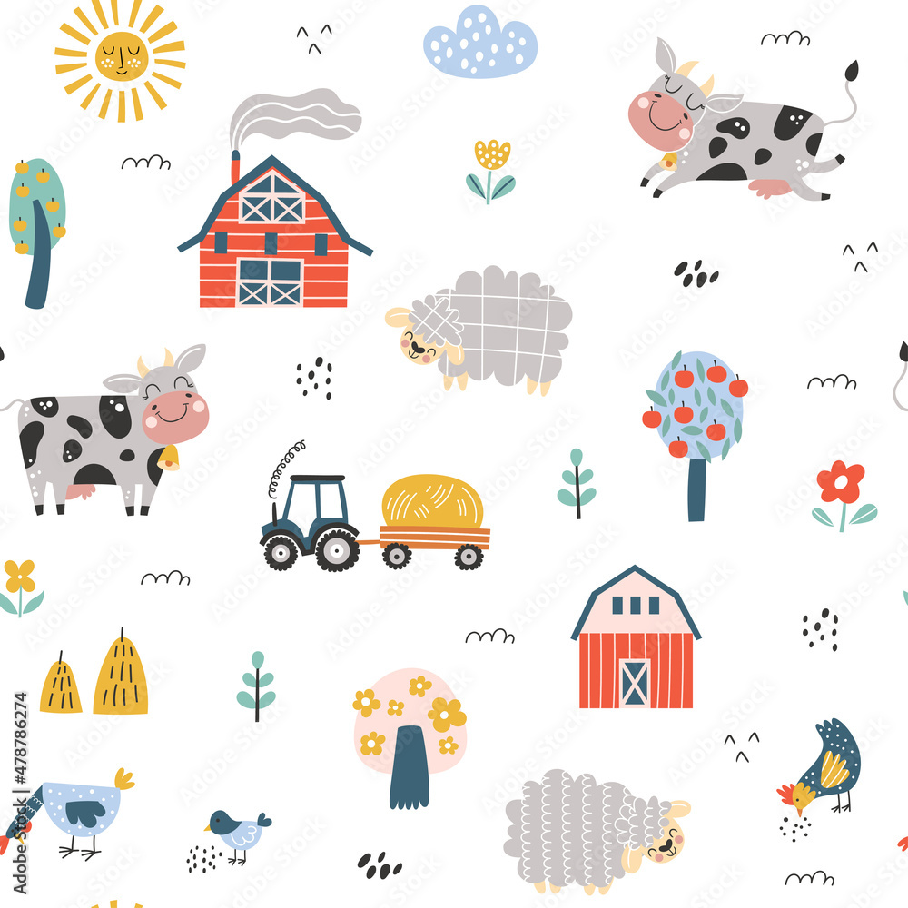 Seamless childish pattern with cute cow, sheep, farm house. Creative kids texture for fabric, wrapping, textile, wallpaper, apparel. Vector illustration