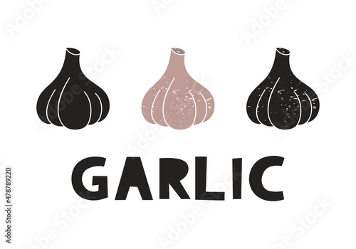 Garlic, silhouette icons set with lettering. Imitation of stamp, print with scuffs. Simple black shape and color vector illustration. Hand drawn isolated elements on white background