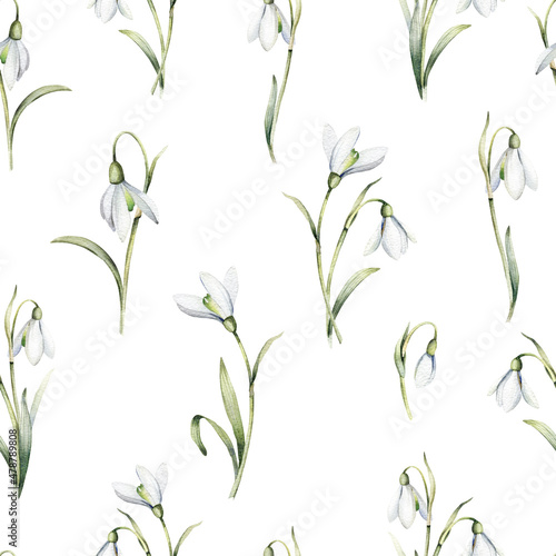 Seamless pattern with delicate flowers of snowdrops on an isolated white background. Watercolor botanical flowers for textiles, wrapping paper or your other design.