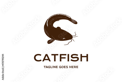Vintage Retro Fish Catfish Silhouette Hand Draw for Fishing or Product Logo Design