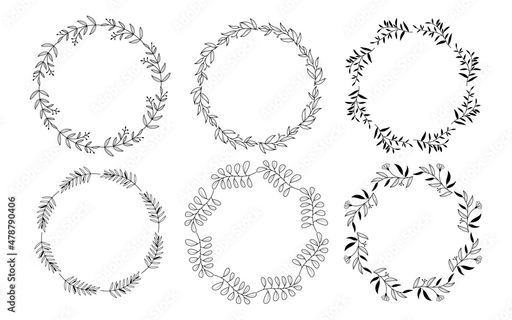 Set of hand drawn doodle round floral wreaths frames. Flower line and leaf circle frames design elements for wedding, mothers day, birthday, invitations. Set of hand drawn doodle round floral wreaths frames. Flower line and leaf circle frames design elements for wedding, mothers day, birthday, invitations.