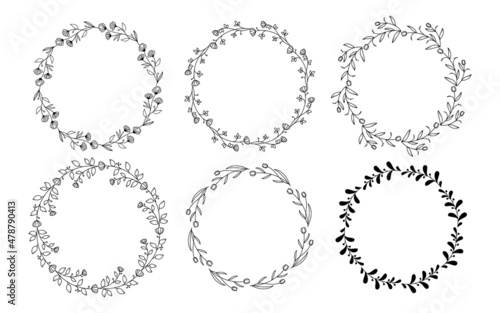 Set of hand drawn doodle round floral wreaths frames. Flower line and leaf circle frames design elements for wedding, mothers day, birthday, invitations.