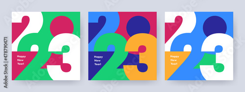 Creative concept of 2023 Happy New Year posters set. Design templates with typography logo 2023 for celebration and season decoration. Minimalistic trendy backgrounds for branding, banner, cover, card