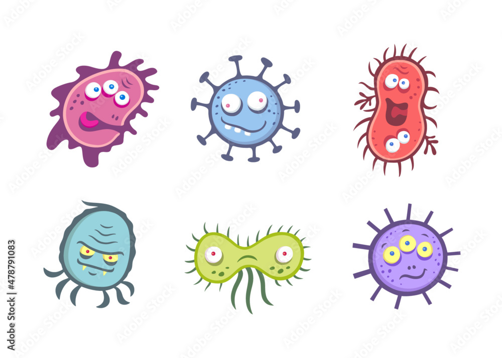 Set of cartoon bacteria. Funny microorganisms, vector illustration of viruses for children. Virus and microbe with faces. Cute germs and smiling pathogen monsters.