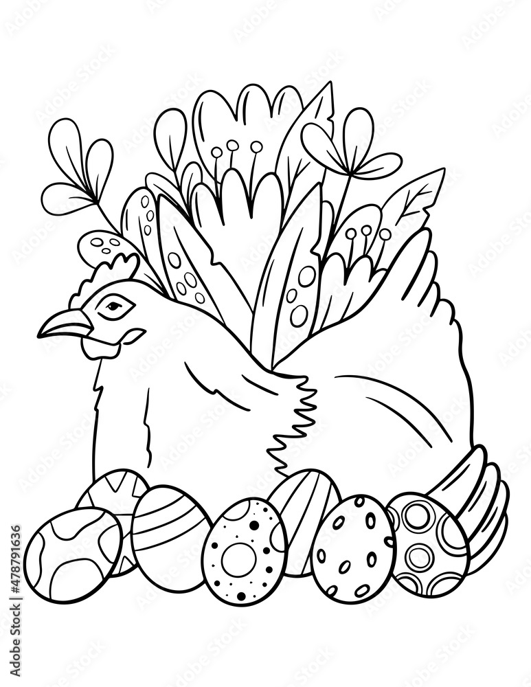 Naklejka premium Easter coloring page with hen and eggs. Easter simple illustration.