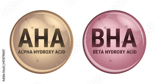 Vector set of AHA and BHA icons – beta hydroxy acid and alpha hydroxy acid that consist of a carboxylic acid isolated on a white background. Acids used as a face serum or solution. Dermal and beauty.