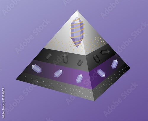 orgonite pyramid with crystal gemstone quartz inside in layers. simple vector illustration icon. Spiritual energy harmonizer object. photo