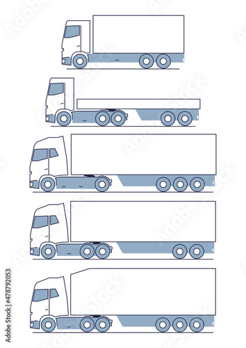 Set of five truck icons. Side view of a simplified truck. Flat vector.