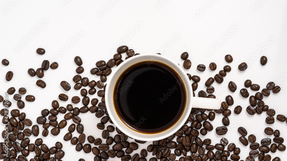 top view coffee mug with coffee beans on blackground top view coffee mug with coffee beans on blackground