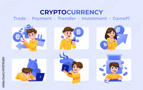 Cryptocurrency Bitcoin illustration set of Trade Payment Transfer Investment GameFi Vector Art
