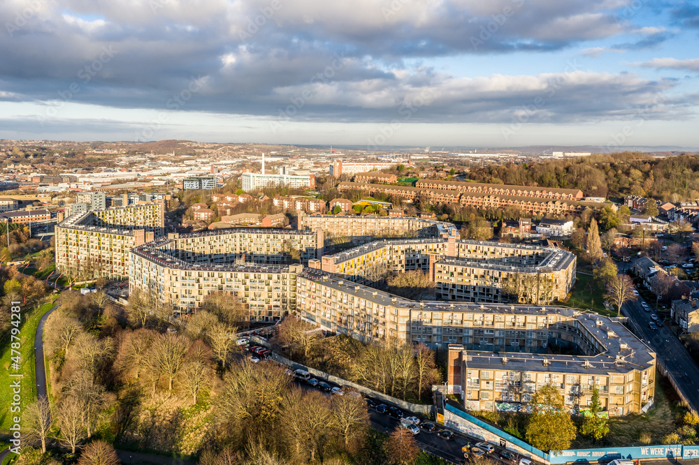 Aerial view of Sheffield Park Hill housing development 