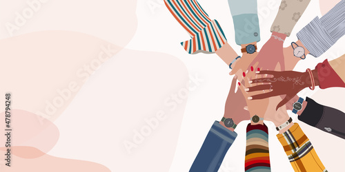 Group hands on top of each other of diverse multi-ethnic and multicultural people.Diversity people. Racial equality. Concept of teamwork community and cooperation.Diverse culture.Oneness