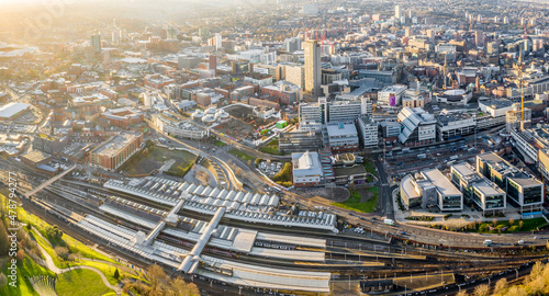 Fototapeta Naklejka Na Ścianę i Meble -  aerial view of Sheffield city centre and railway station 
