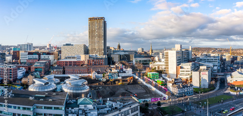 Aerial view of Sheffield city centre skyline at sunset photo