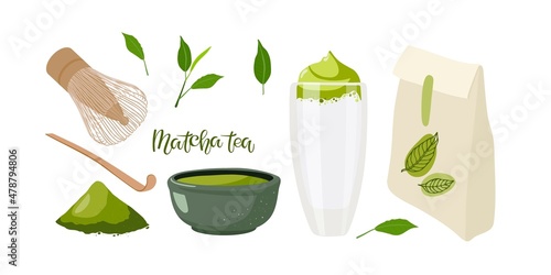 Matcha Tea, Green powder, spoon, bowl, brush, bag for cooking Vegan Dalgona matcha latte. Glass with green whipped drink. Drink with powdered tea match and milk. Flat vector isolated on white.