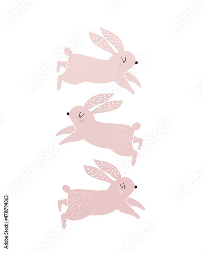 Cute Hand Drawn Vector Illustrations with Sweet Pink Bunnies. Lovely Nursery Print with 3 Funny Rabbits on a White Background ideal for Card, Poster, Wall Art. Lovely Easter Print.