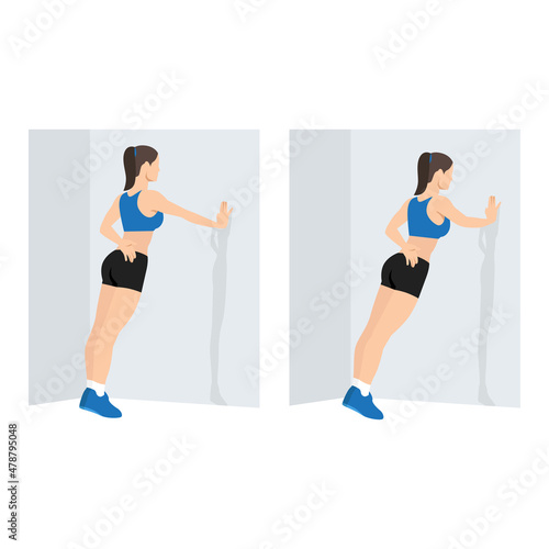 Fototapeta Naklejka Na Ścianę i Meble -  Woman doing Single arm wall push up exercise. Flat vector illustration isolated on white background. workout character set
