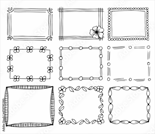 Set of rectangular frames in hand drawn doodle style