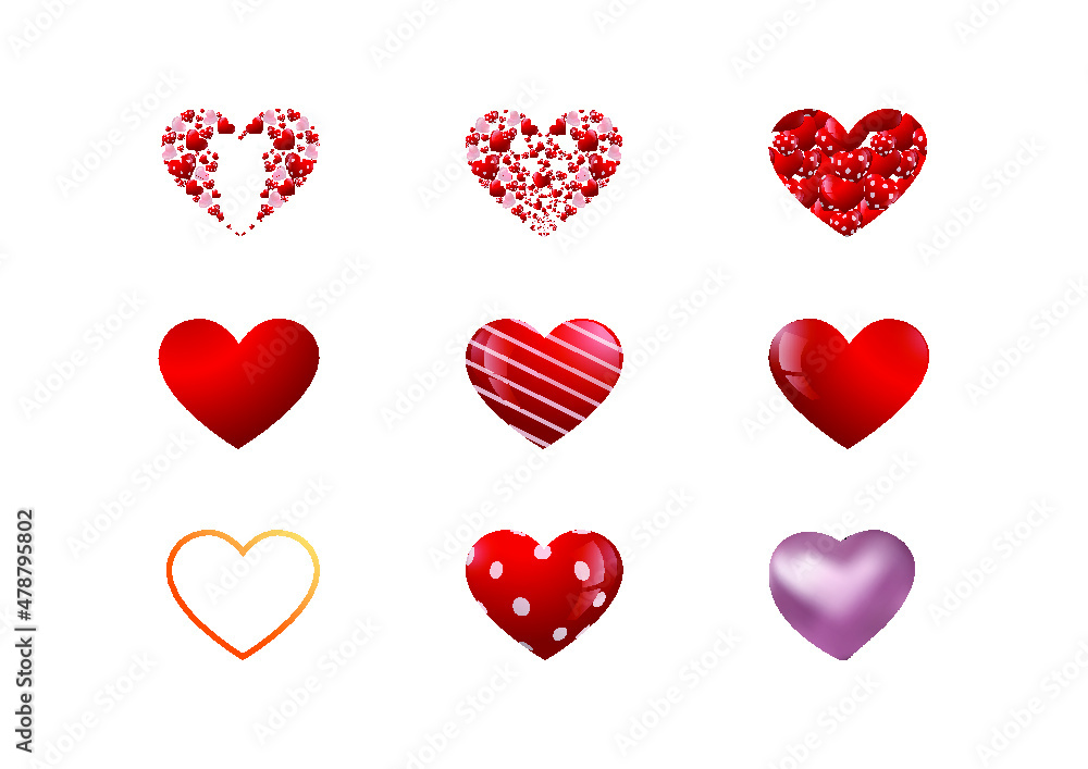 Red hearts symbol set isolated white background Premium Vector