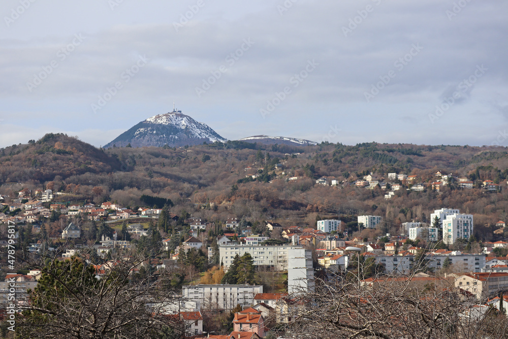 View from the hill to the city of Clermont-Ferrand and the Puy de dôme volcano