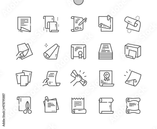 Scroll and paper. Certificate, document and roll. Clean, page, blank. Pixel Perfect Vector Thin Line Icons. Simple Minimal Pictogram
