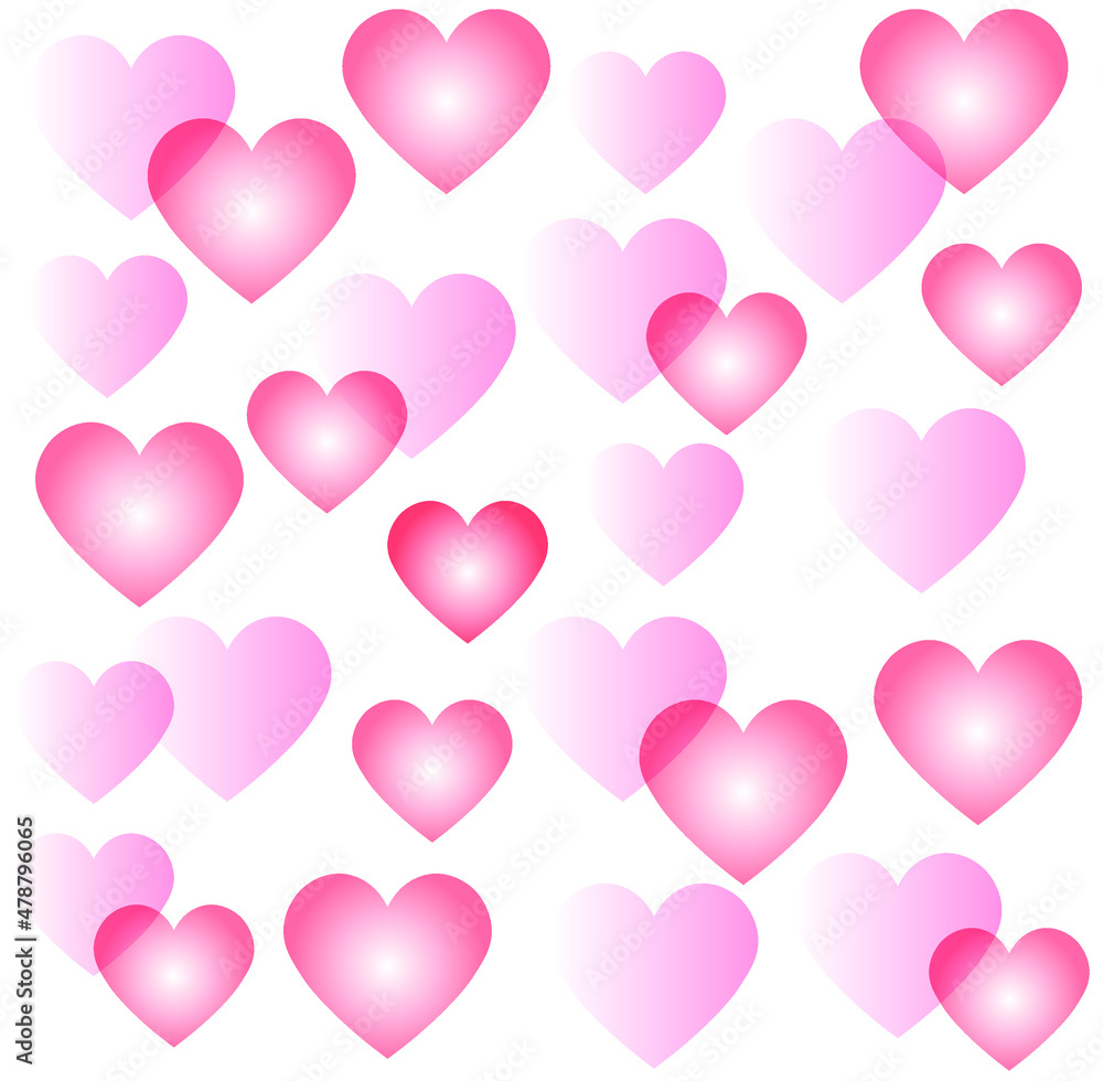 Vector background of pink and red gradient hearts overlapping each other on white background. Valentine's day, Mother's day, hearts background. Happy, copy space.