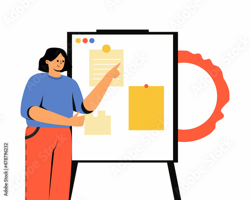The businesswoman conducts a presentation, summing up the results. A female colleague makes a presentation. Vector illustration