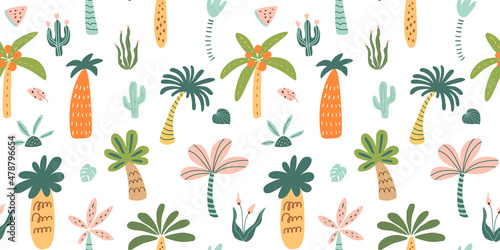 Childish tropical pattern. Cartoon palm trees, jungle background, rainforest repeated texture. African wallpaper, cute safari texture. Vector illustration. Summer tropic nature print.