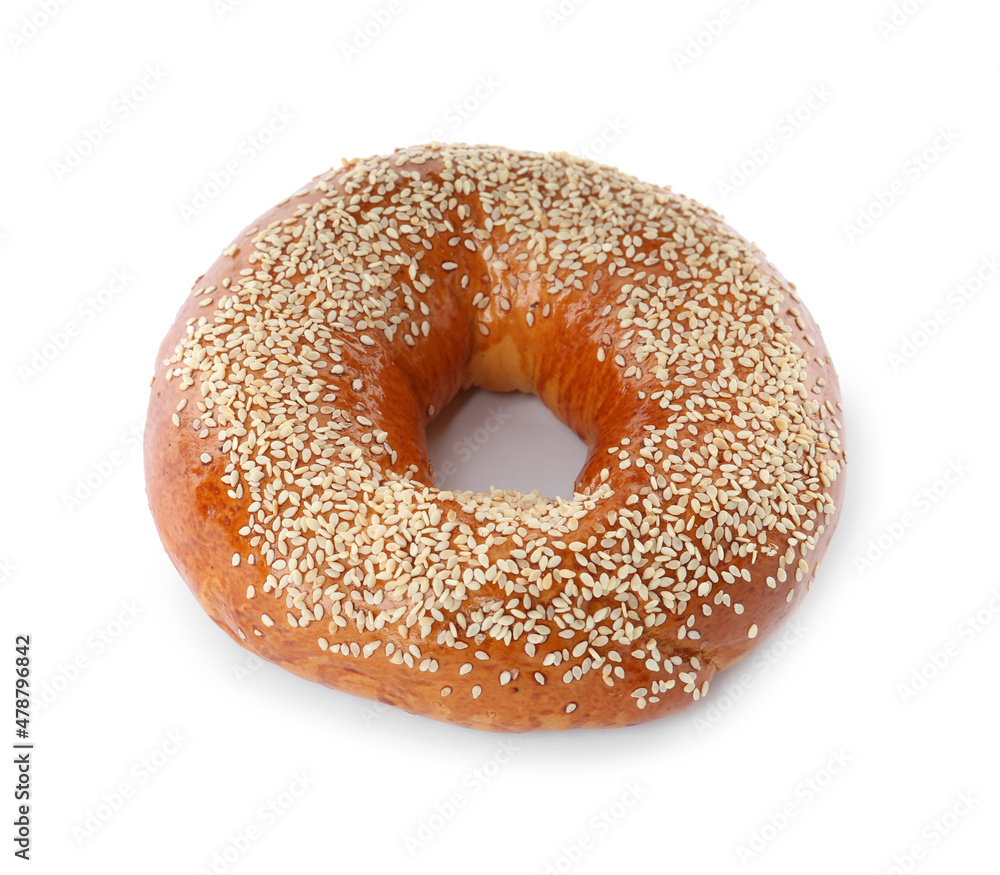 Delicious fresh bagel with sesame seeds isolated on white Delicious fresh bagel with sesame seeds isolated on white