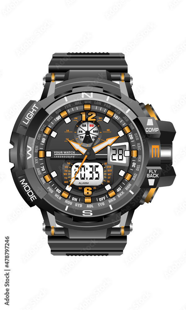 Realistic black clock watch sport chronograph digital for men design modern on white background vector Realistic black clock watch sport chronograph digital for men design modern on white background vector