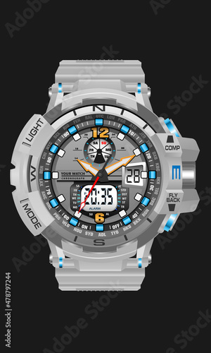 Realistic white clock watch sport chronograph digital for men design modern on dark grey background vector