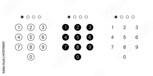 Passcode keypad collection. Pincode security verification pass input field.