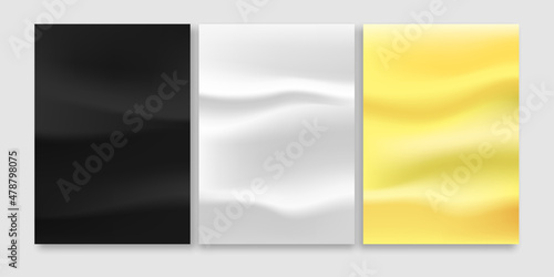 Paper sheets crumpled and glued curled background set. Black, white and golden blank poster backdrop collection.
