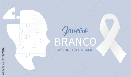 White January Mental Health awareness month in Portuguese language. White ribbon vector background.