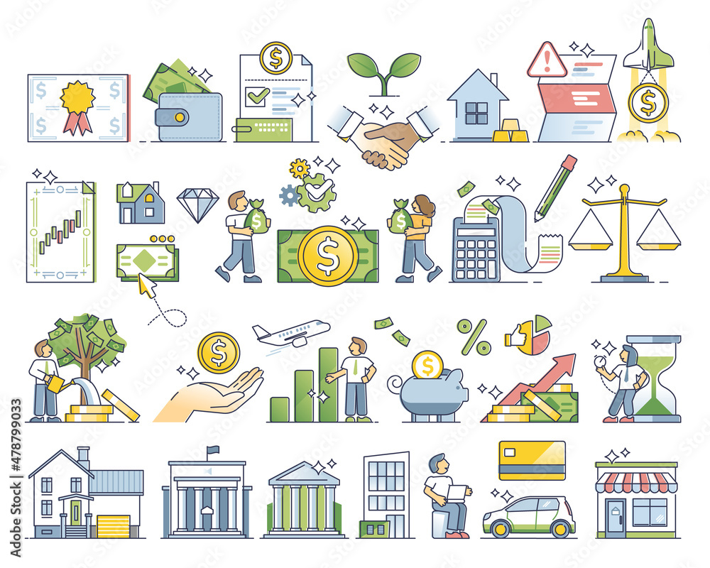 Finance set with financial and money items for business outline collection. Group with banking, earning, spending and accounting elements vector illustration. Payment, cash and currency mini scenes.