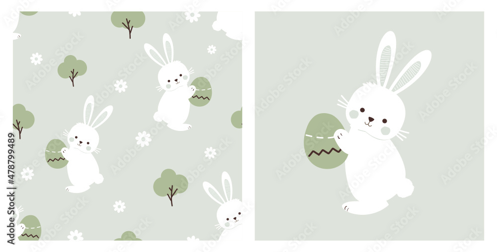 Seamless pattern with bunny rabbit cartoons, green trees and Easter eggs on green background vector. 