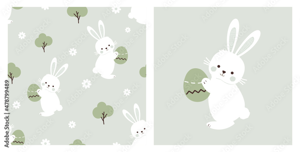 Seamless pattern with bunny rabbit cartoons, green trees and Easter eggs on green background vector. Seamless pattern with bunny rabbit cartoons, green trees and Easter eggs on green background vector.