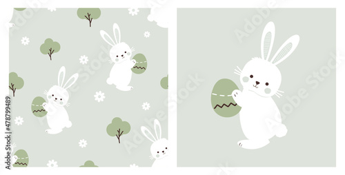 Seamless pattern with bunny rabbit cartoons, green trees and Easter eggs on green background vector. 