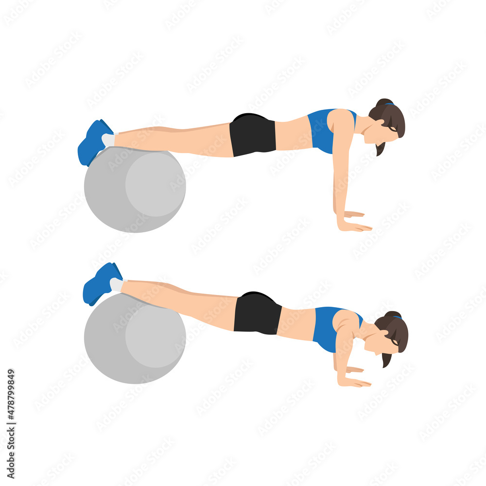 Woman doing stability Swiss ball push up exercise. Flat vector illustration isolated on white background Woman doing stability Swiss ball push up exercise. Flat vector illustration isolated on white background