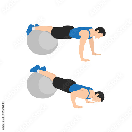 Man doing stability Swiss ball push up exercise. Flat vector illustration isolated on white background