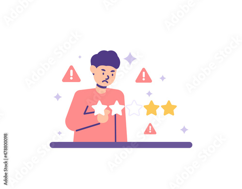 negative review concept, bad rating. user feedback. illustration of a man feeling dissatisfied and giving a bad star rating. flat cartoon style. vector design